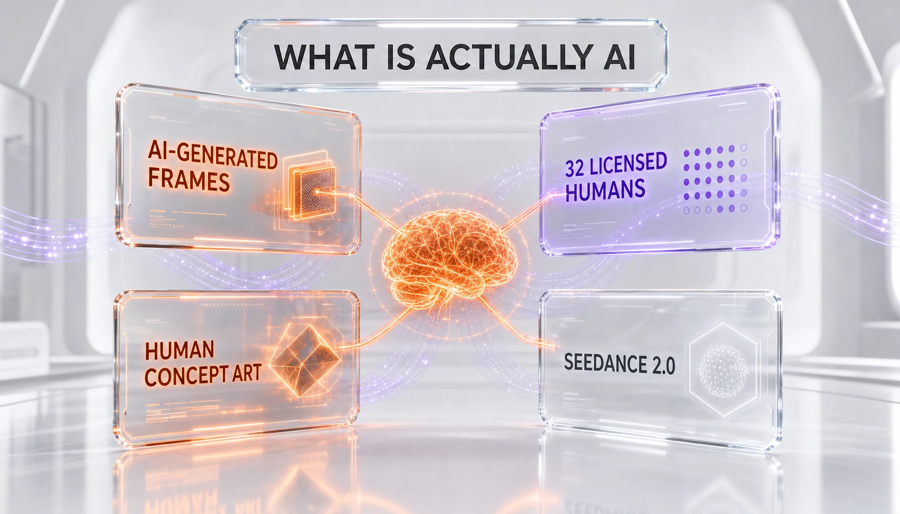 3D infographic breaking down what is AI in Nightborne: AI-generated frames, 32 licensed humans, human concept art, and Seedance 2.0 - Illustration