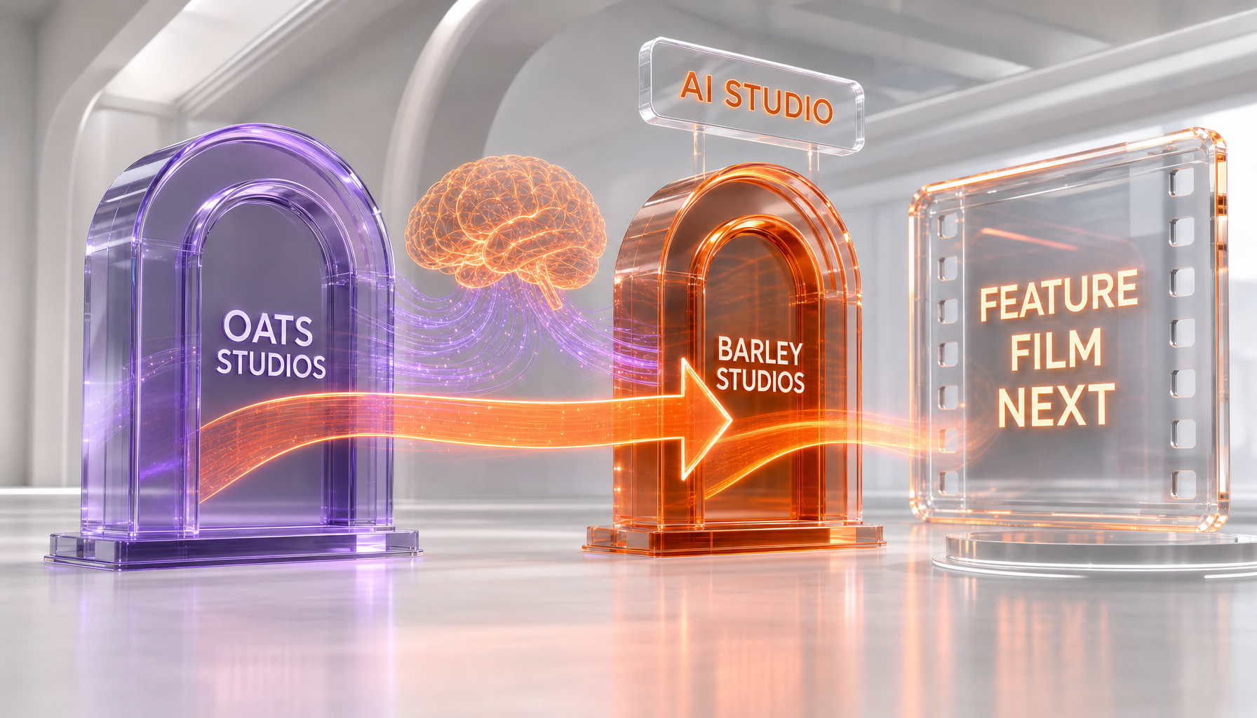 3D illustration of a studio pivot from Oats Studios to Barley Studios pointing toward a full AI feature film - Illustration