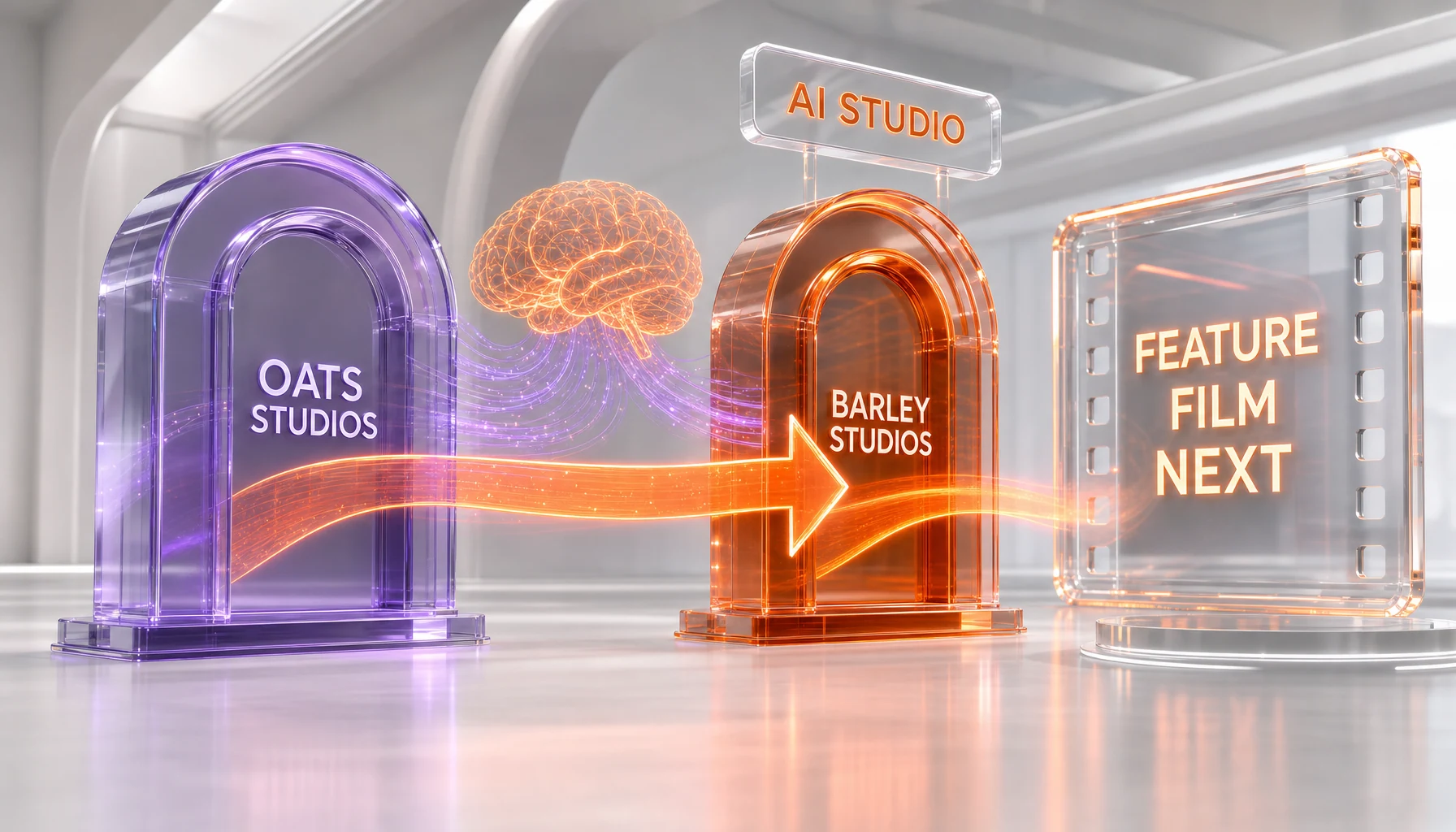 3D illustration of a studio pivot from Oats Studios to Barley Studios pointing toward a full AI feature film - Illustration