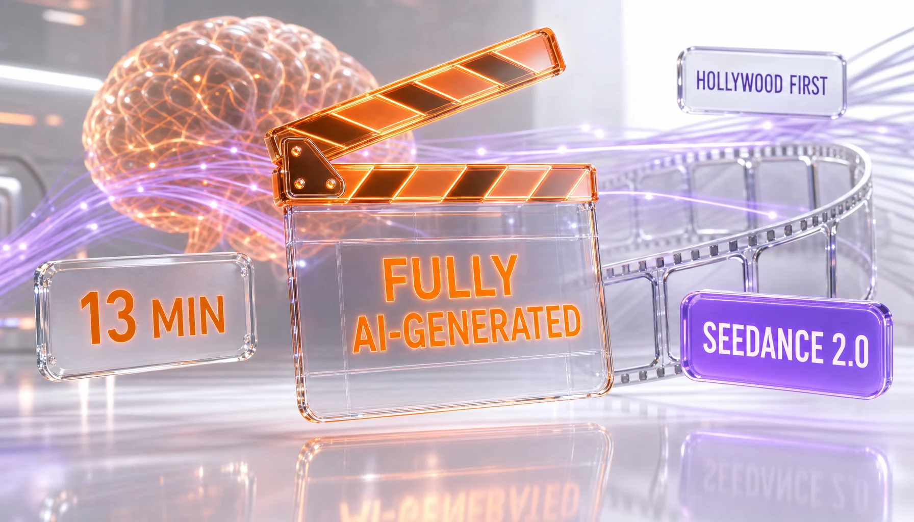 Editorial 3D illustration of a glass film clapperboard labeled Fully AI-Generated, 13 min and Seedance 2.0, symbolizing Neill Blomkamp's Nightborne AI short film - Illustration