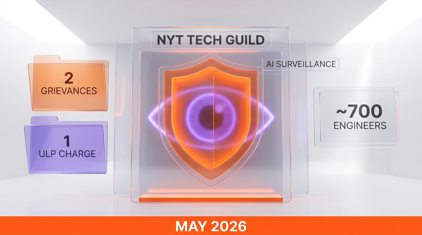 The New York Times Tech Guild files two grievances and a labor charge over AI surveillance of roughly 700 engineers via DX and Glean — May 2026