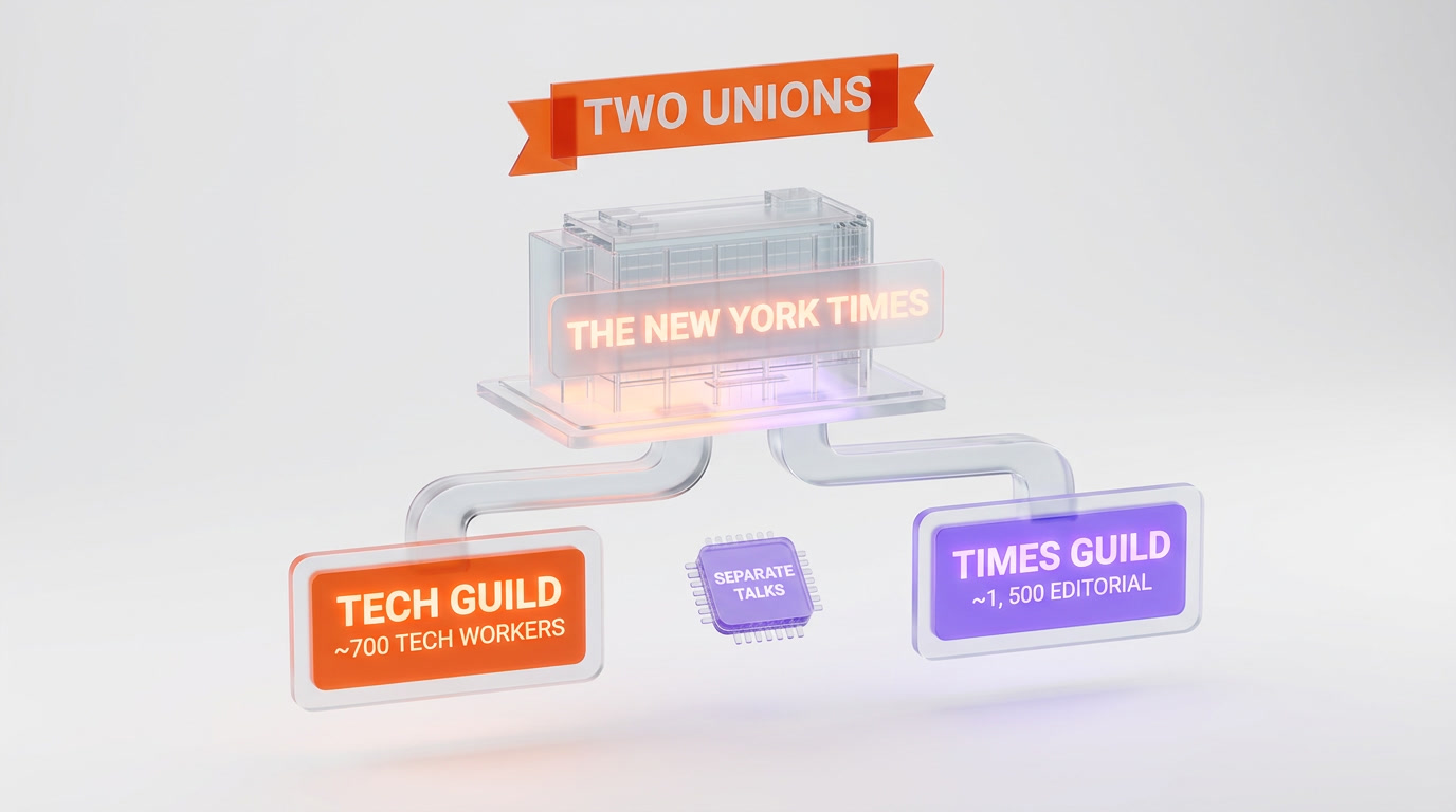The New York Times has two separate union units negotiating AI protections — the Tech Guild with around 700 tech workers and the larger Times Guild with around 1,500 editorial staff