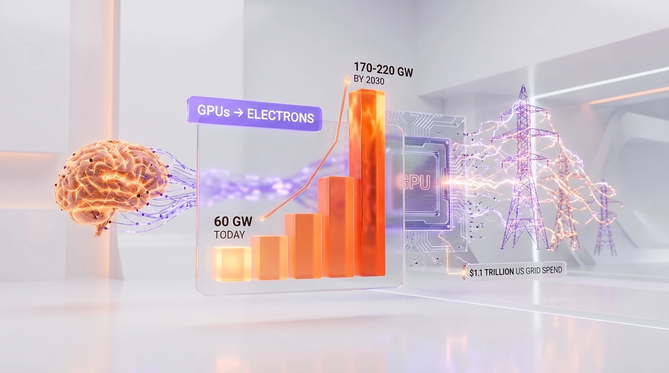 The AI bottleneck shifts from GPUs to electrons — data-center demand rising from 60 GW to 170-220 GW by 2030