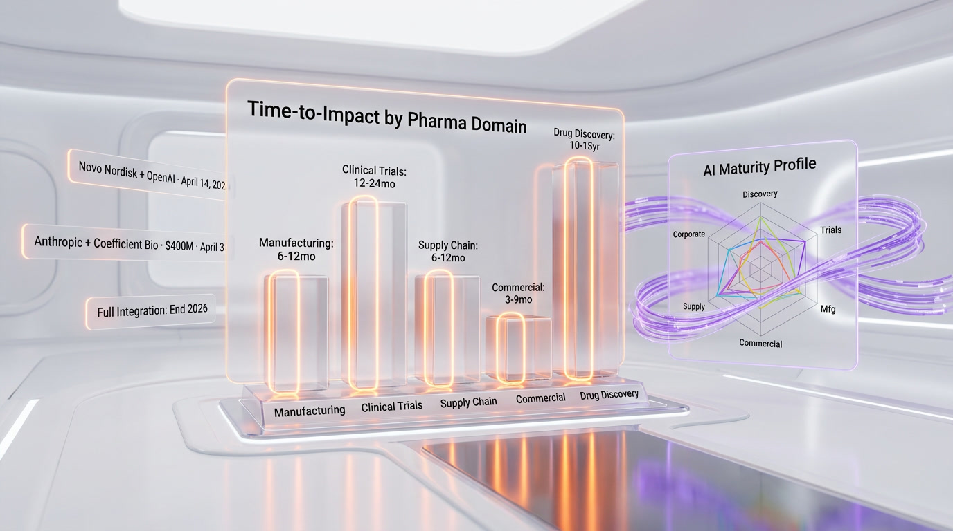 Chart showing AI time-to-impact across pharma operational domains: manufacturing 6-12mo, clinical trials 12-24mo, supply chain 6-12mo, commercial 3-9mo, drug discovery 10-15 years