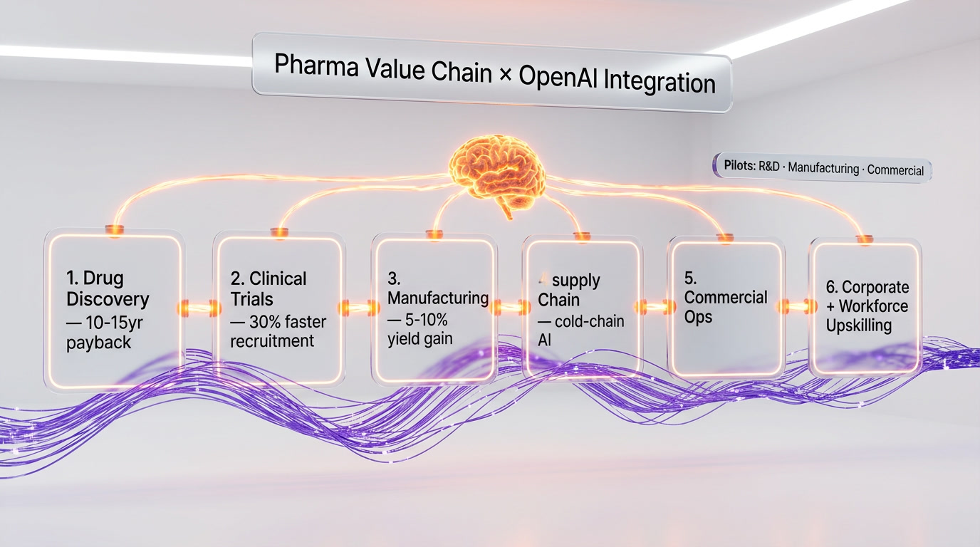 Pharma value chain showing six stages — drug discovery, clinical trials, manufacturing, supply chain, commercial, corporate — each labeled with AI integration