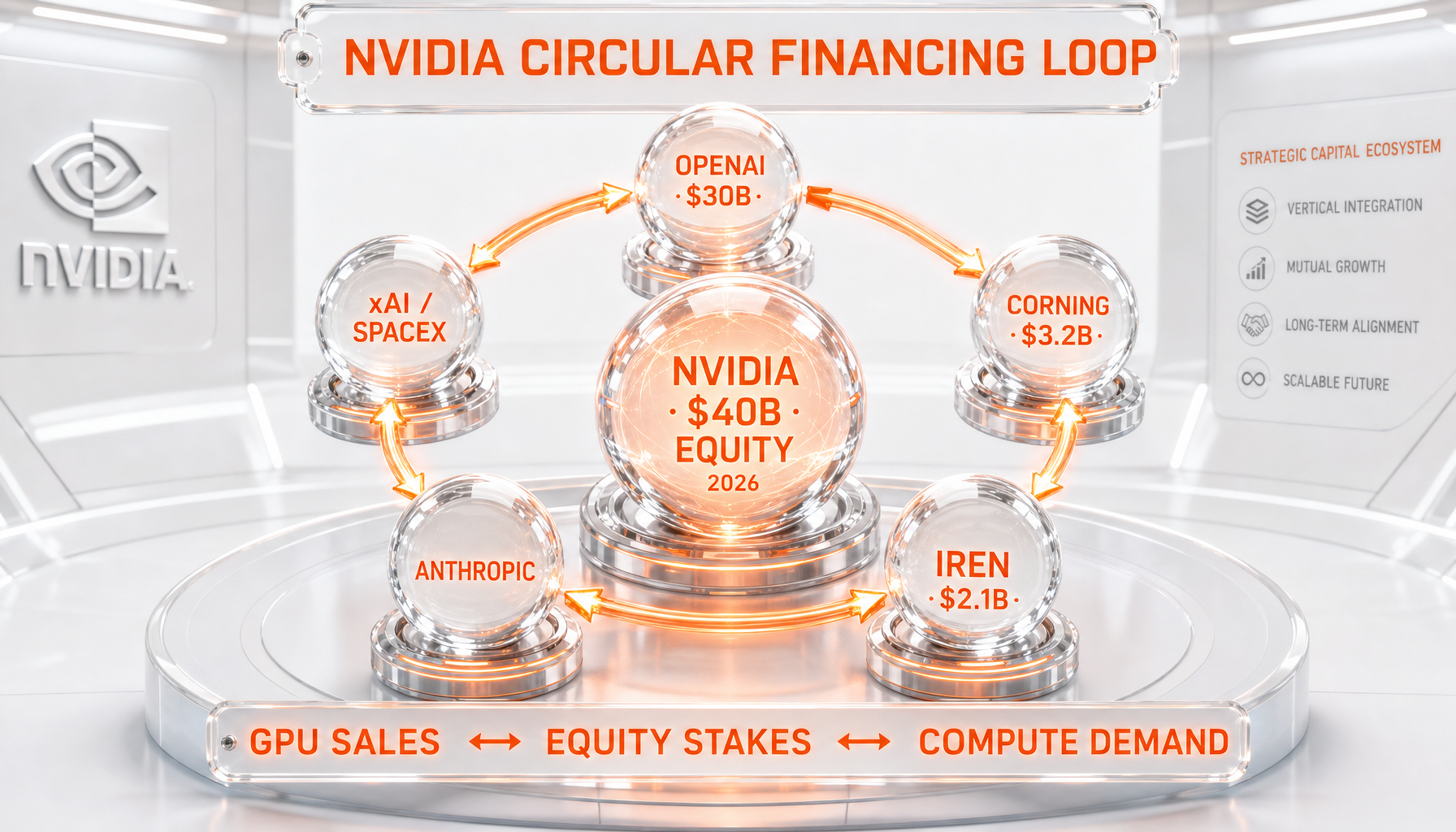 Glassmorphism flowchart of circular financing critique — NVIDIA → OpenAI equity → GPU purchases → NVIDIA revenue → market cap → next equity bet
