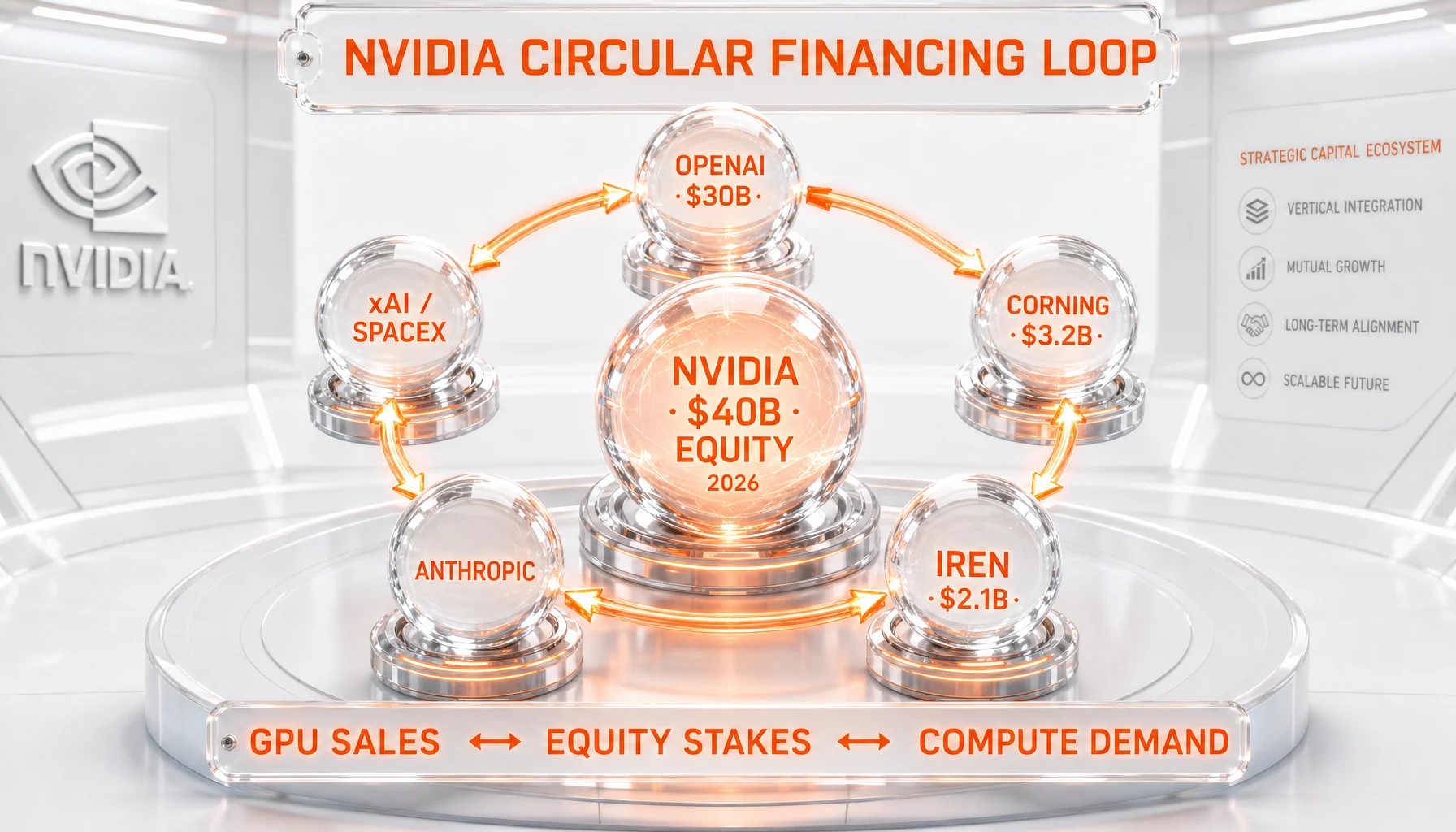 Glassmorphism flowchart of circular financing critique — NVIDIA → OpenAI equity → GPU purchases → NVIDIA revenue → market cap → next equity bet