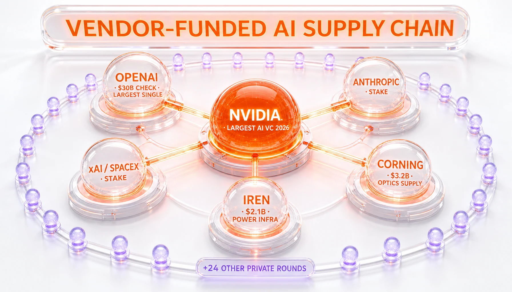 Network diagram with NVIDIA at center connected to OpenAI, Anthropic, xAI, Corning, IREN — orange and violet glow showing capital flow concentration