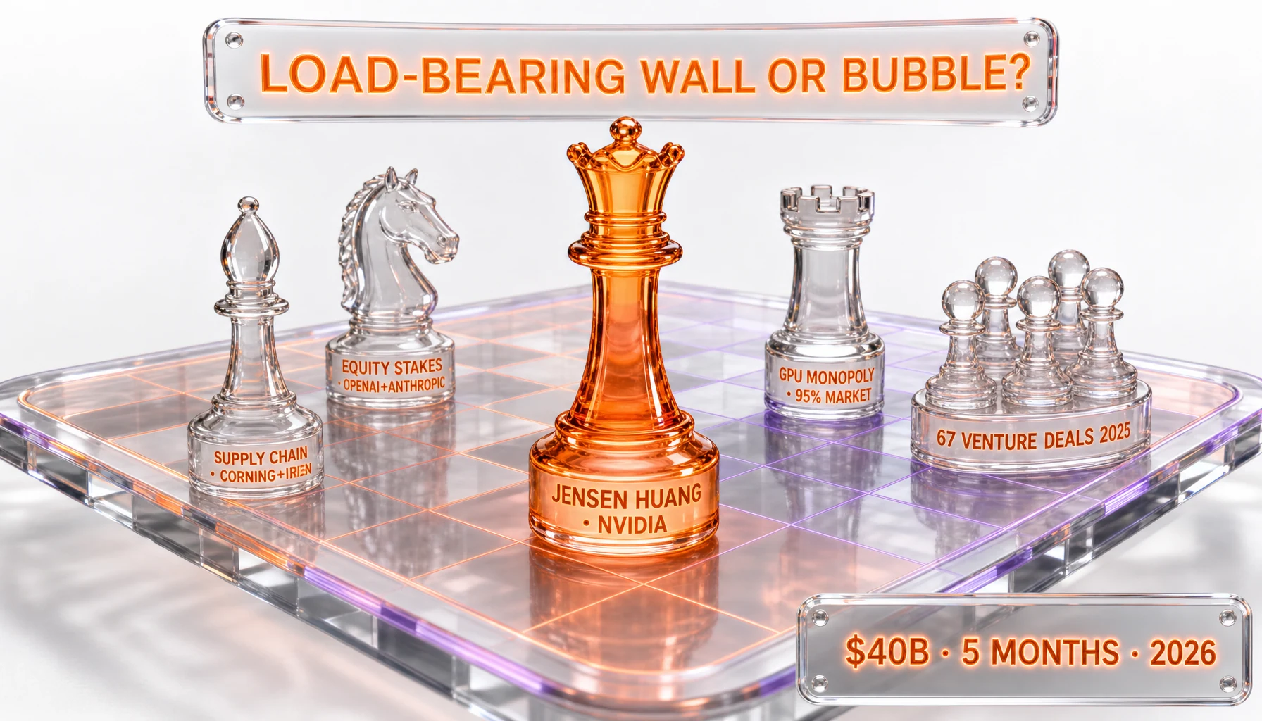 Strategic chess board with NVIDIA queen piece dominating center — supply chain bishops, equity stake knights, orange and violet glow