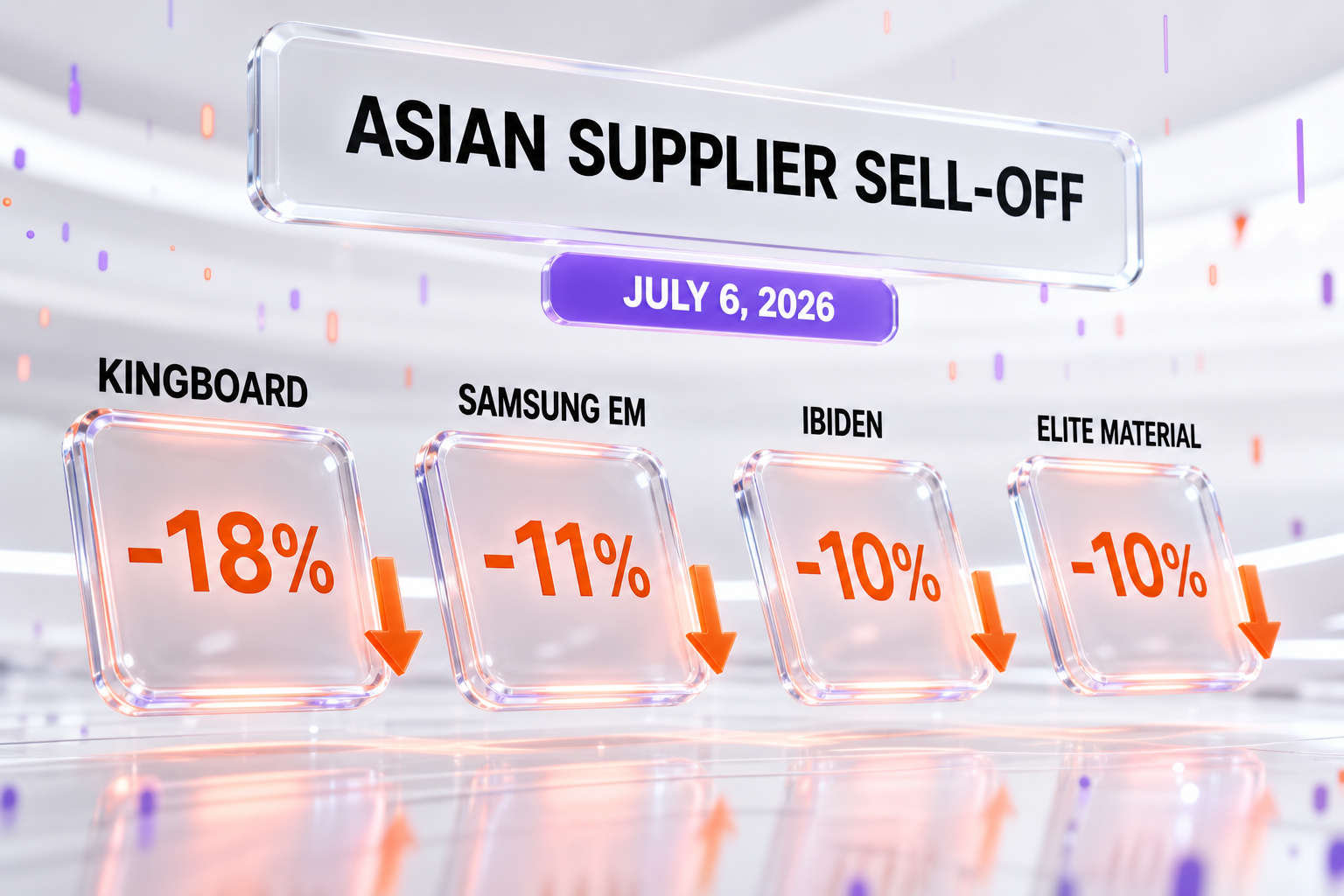 Asian supplier sell-off on July 6, 2026 — Kingboard -18%, Samsung Electro-Mechanics -11%, Ibiden -10%, Elite Material -10%