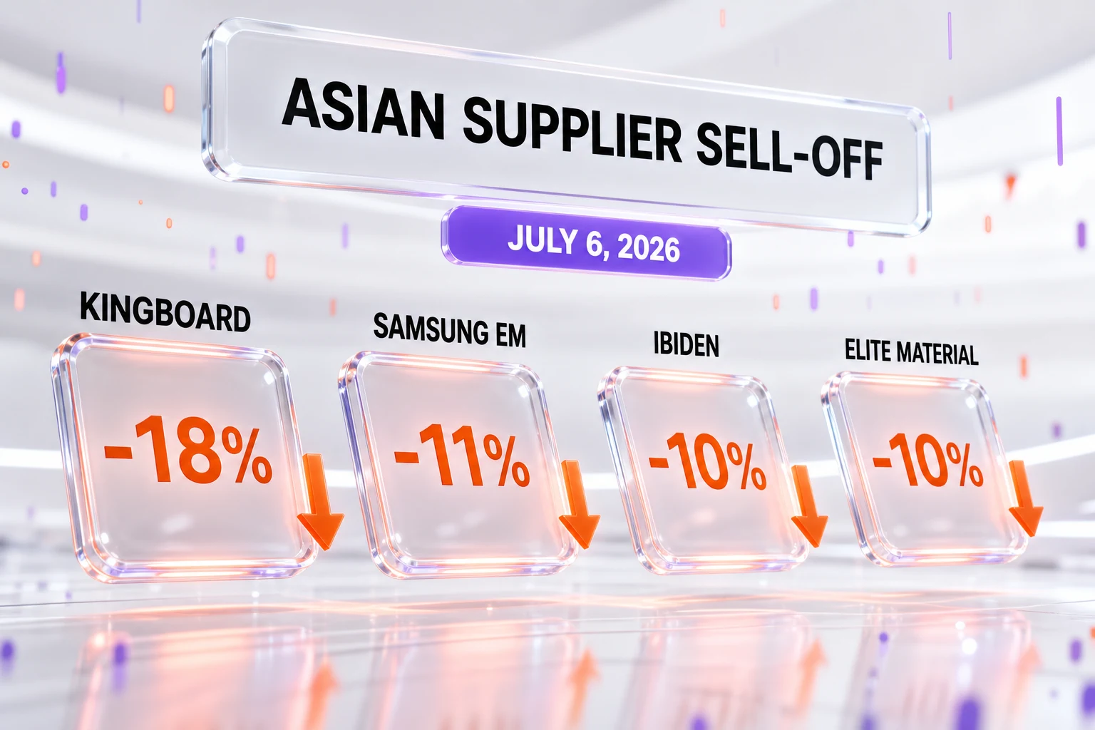 Asian supplier sell-off on July 6, 2026 — Kingboard -18%, Samsung Electro-Mechanics -11%, Ibiden -10%, Elite Material -10%