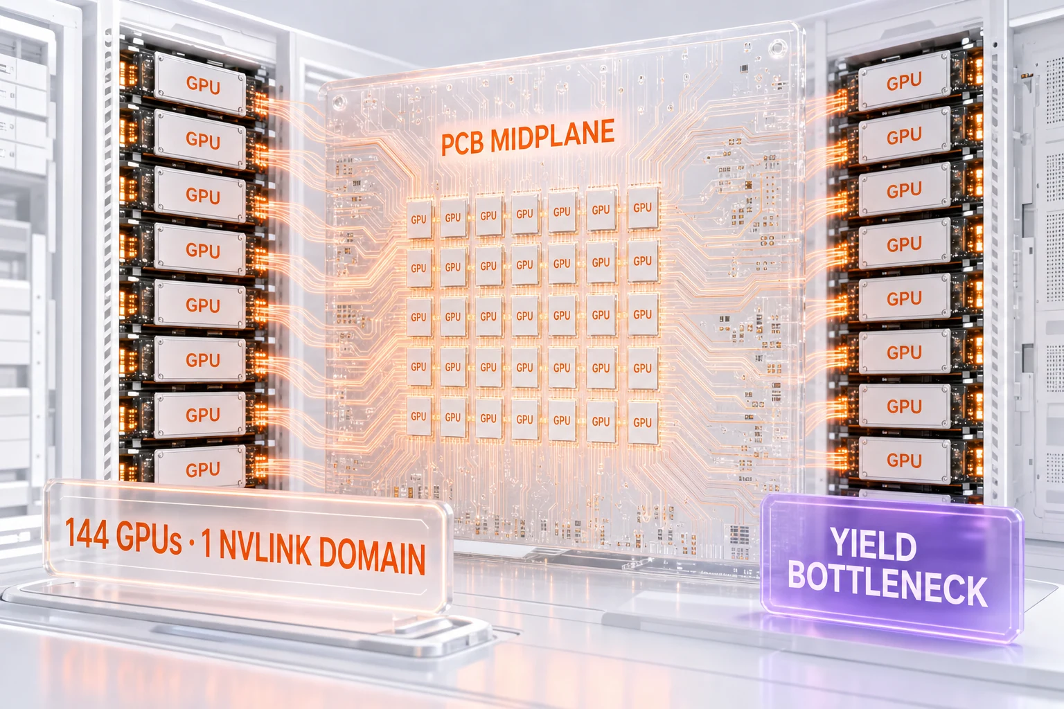 The PCB midplane connecting 144 GPUs into one NVLink domain — the reported yield bottleneck