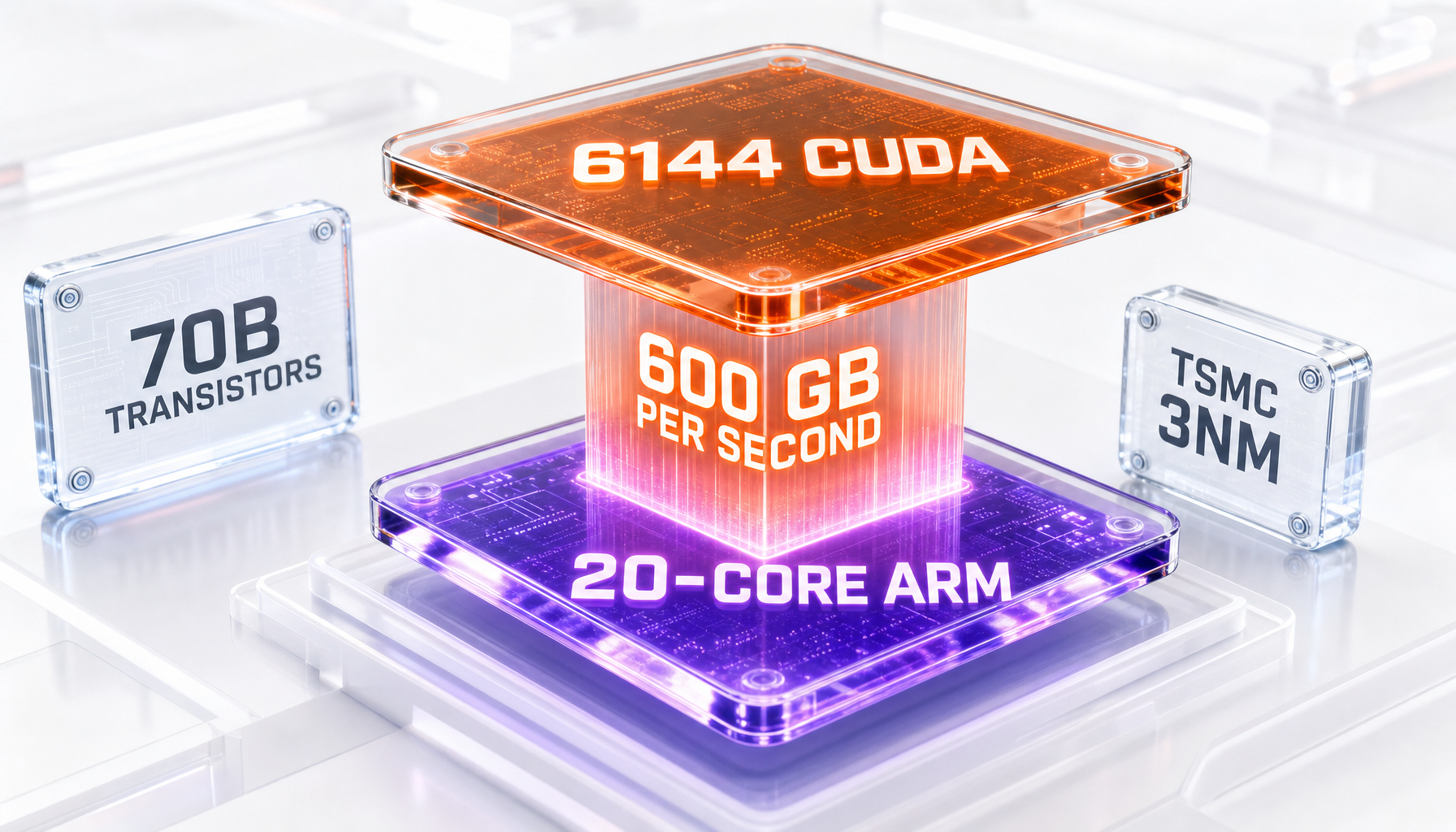 RTX Spark two-chiplet architecture diagram showing Blackwell GPU and 20-core Arm CPU linked by a 600 GB per second silicon bridge