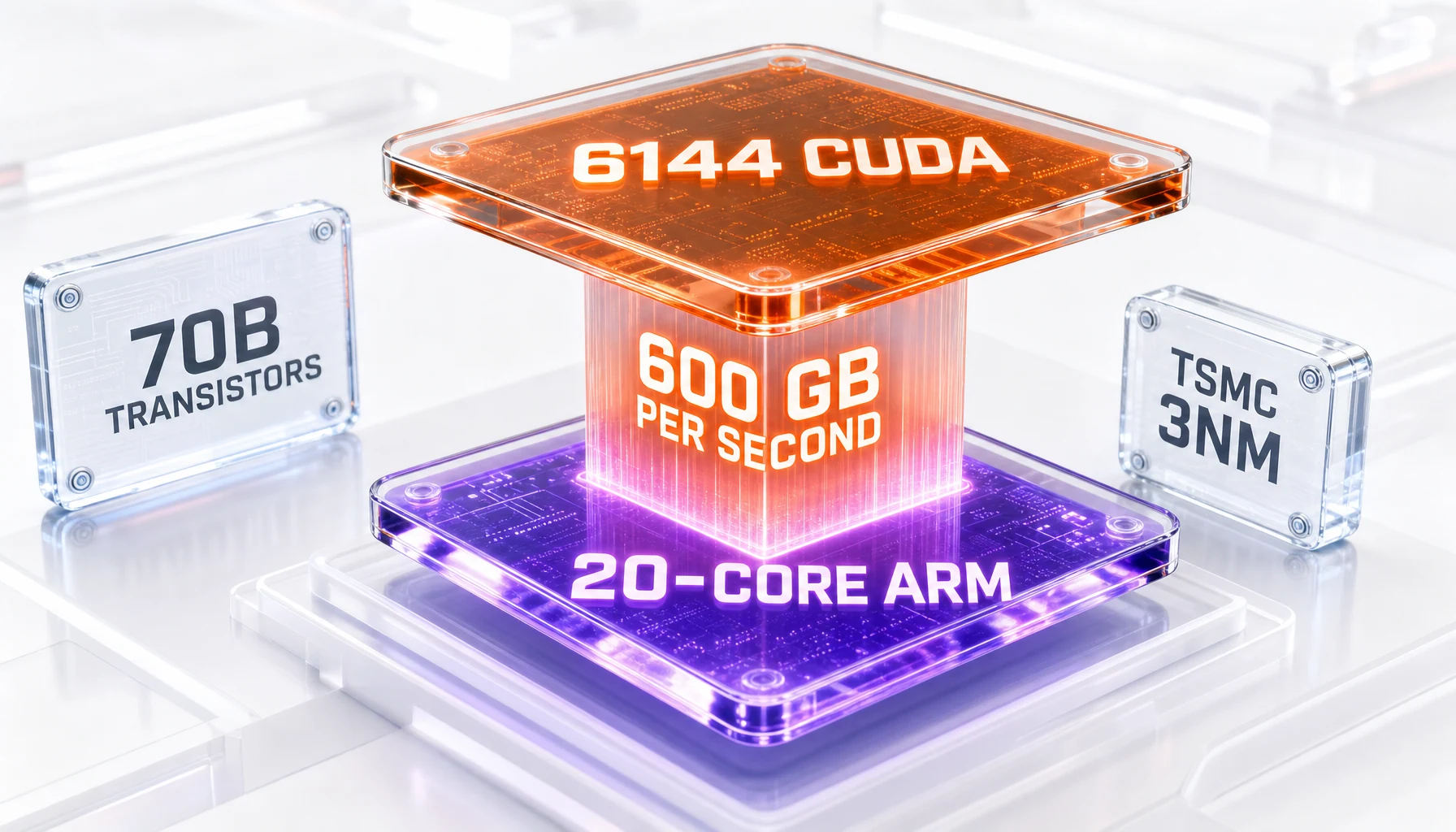 RTX Spark two-chiplet architecture diagram showing Blackwell GPU and 20-core Arm CPU linked by a 600 GB per second silicon bridge