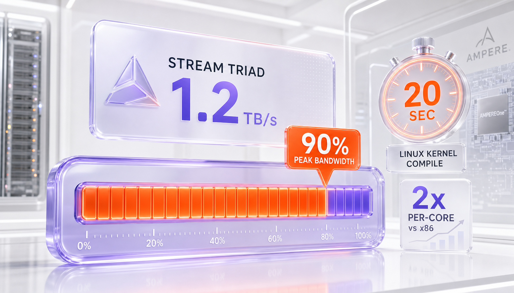 STREAM TRIAD memory bandwidth chart showing Vera sustaining 90 percent of peak and 20 second kernel compile