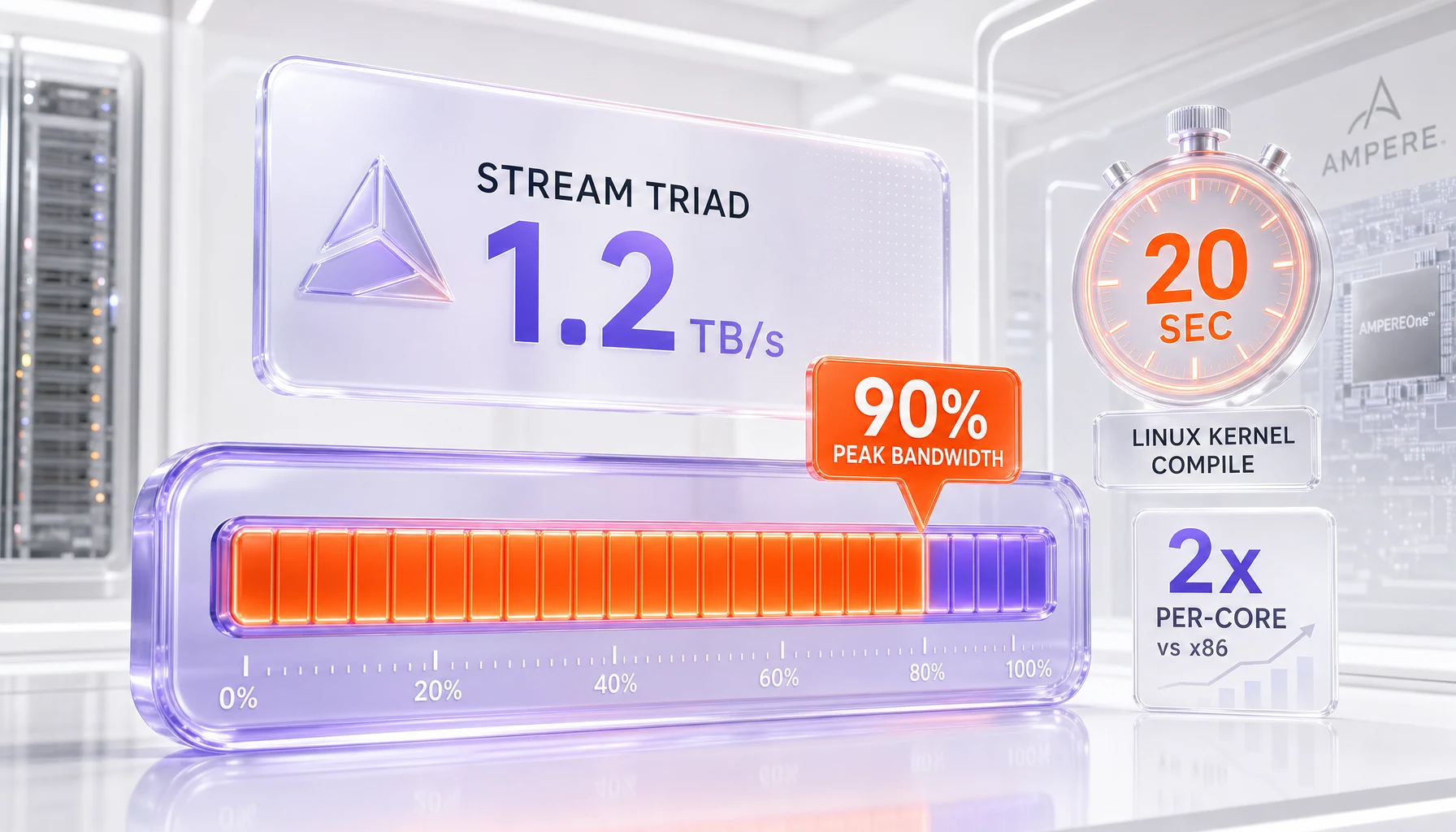 STREAM TRIAD memory bandwidth chart showing Vera sustaining 90 percent of peak and 20 second kernel compile