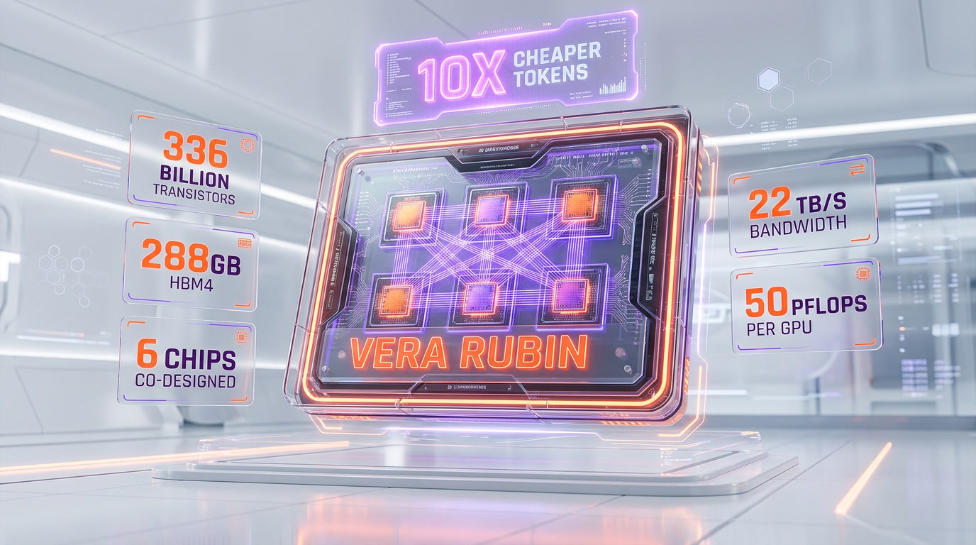 Nvidia Vera Rubin GPU — 336 billion transistors, 288GB HBM4 memory, 22 TB/s bandwidth, 50 PFLOPS per GPU