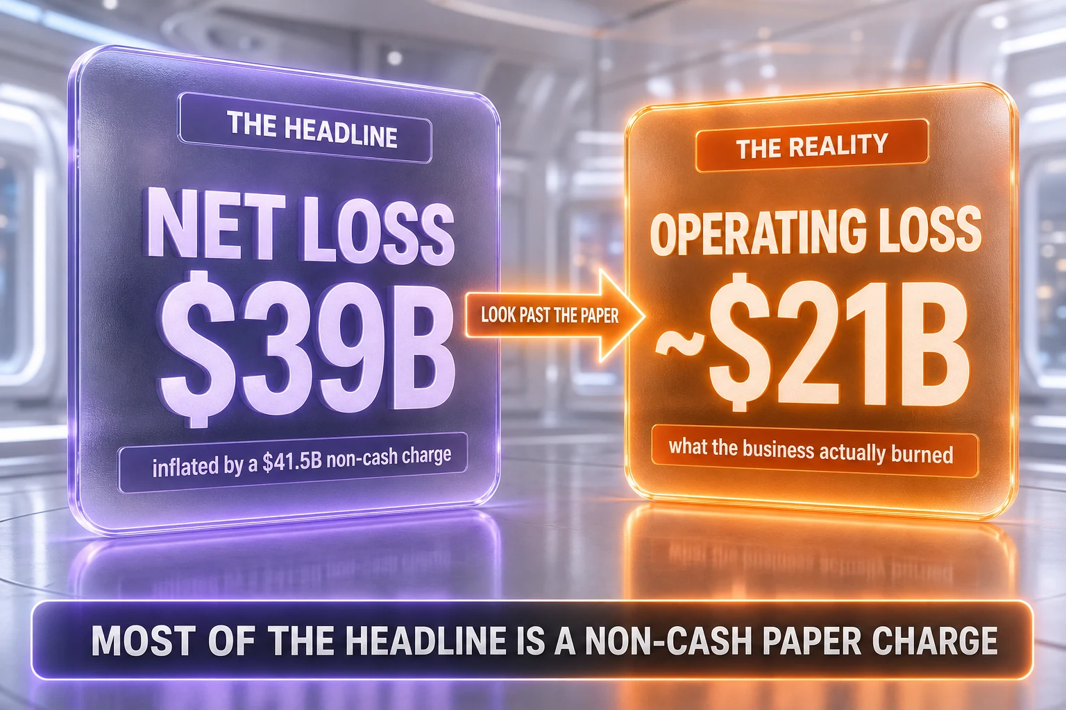 OpenAI's reported $39B net loss, inflated by a $41.5B non-cash charge, versus its roughly $21B operating loss