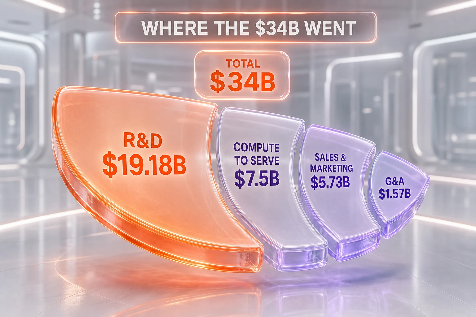 Breakdown of OpenAI's roughly $34 billion in 2025 total costs across R&D, cost of revenue, sales and marketing, and G&A