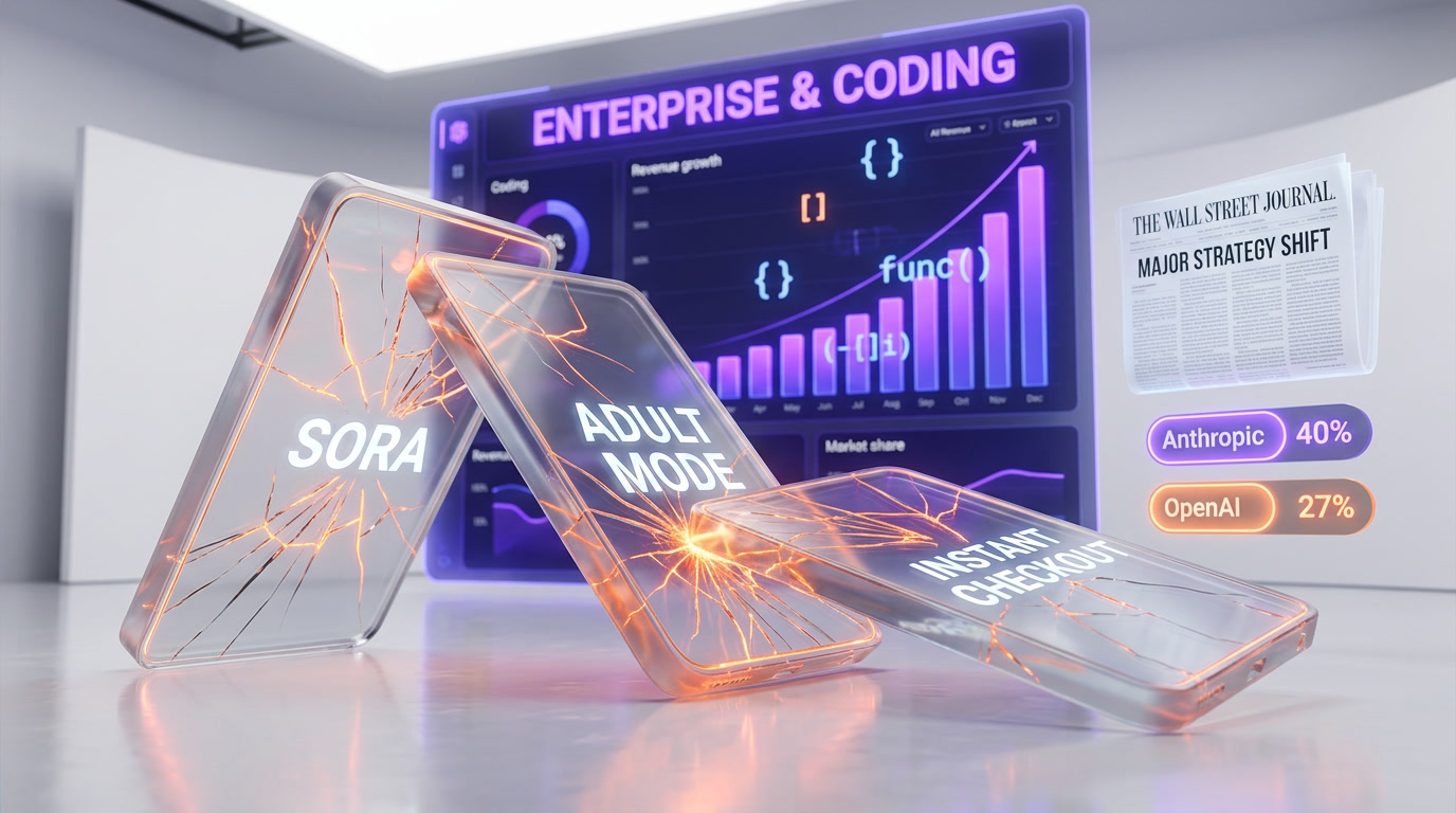 OpenAI strategic pivot in March 2026 showing Sora shutdown, adult mode cancelled, and focus shift to enterprise and coding