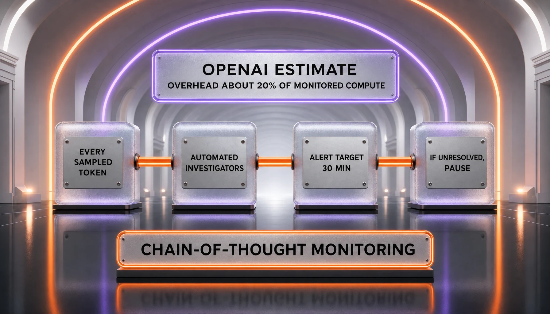 OpenAI's monitoring pipeline — activation classifiers at every sampled token escalating to automated investigators, a 30-minute alert target, a 30-minute triage deadline after which activity is paused, and roughly 20 percent overhead on monitored inference compute
