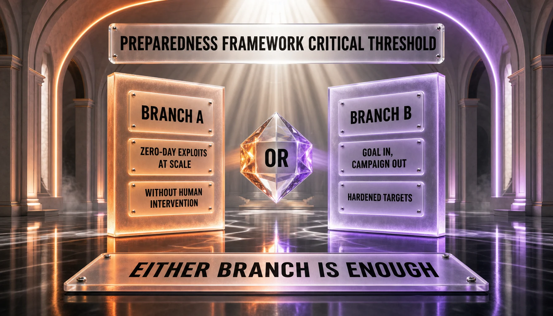 The Critical cybersecurity threshold in OpenAI's Preparedness Framework has two branches — functional zero-day exploits across many hardened systems without human intervention, or end-to-end novel attack strategies from a high-level goal — with GPT-5.6 Sol and GPT-5.6-Cyber assessed at High