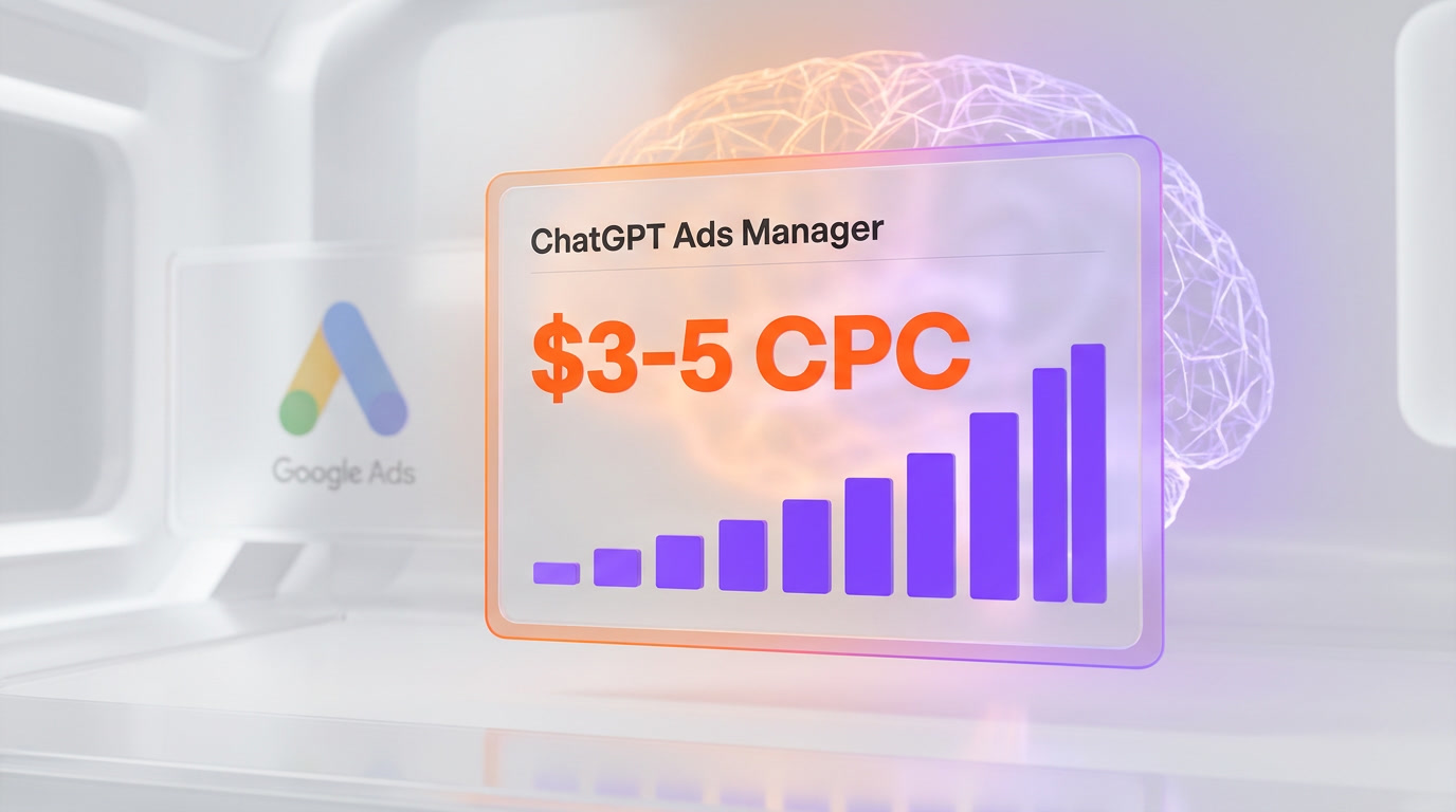 ChatGPT Ads Manager dashboard launch May 2026 self-serve CPC bidding glassmorphism 3D render orange violet