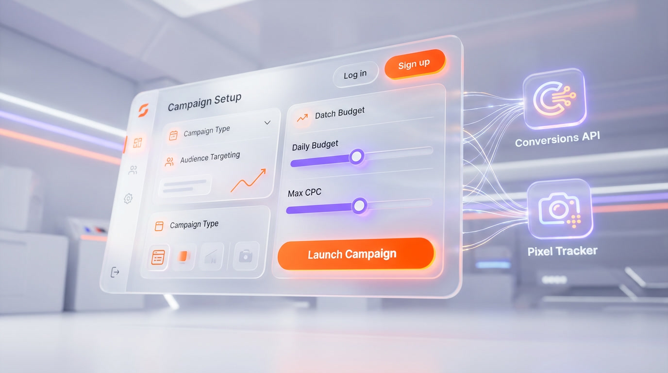 ChatGPT Ads Manager portal CPC bidding setup interface 3D futuristic glassmorphism