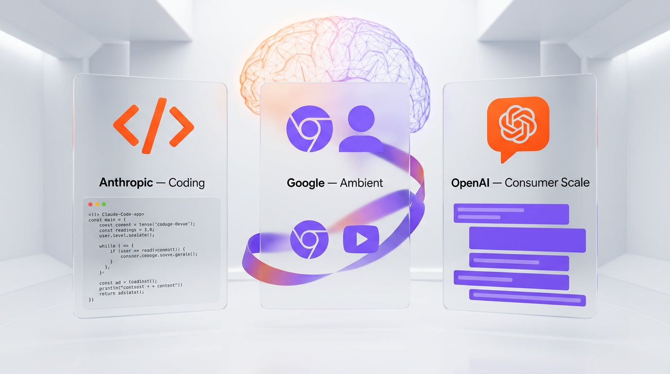 Three track AI market thesis Anthropic Google OpenAI 2026 monetization lanes 3D futuristic glassmorphism