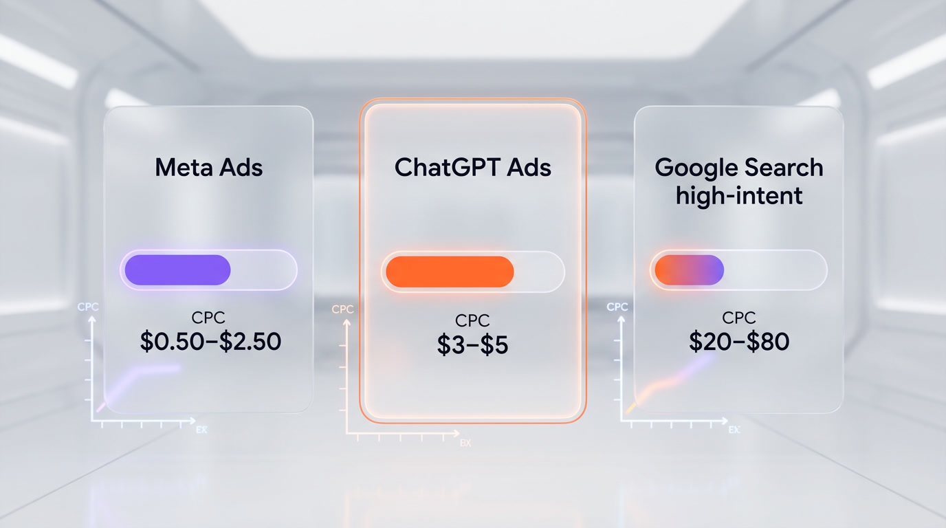 ChatGPT ads CPC bidding versus Google Ads Meta Ads benchmark performance marketing 3D futuristic glassmorphism