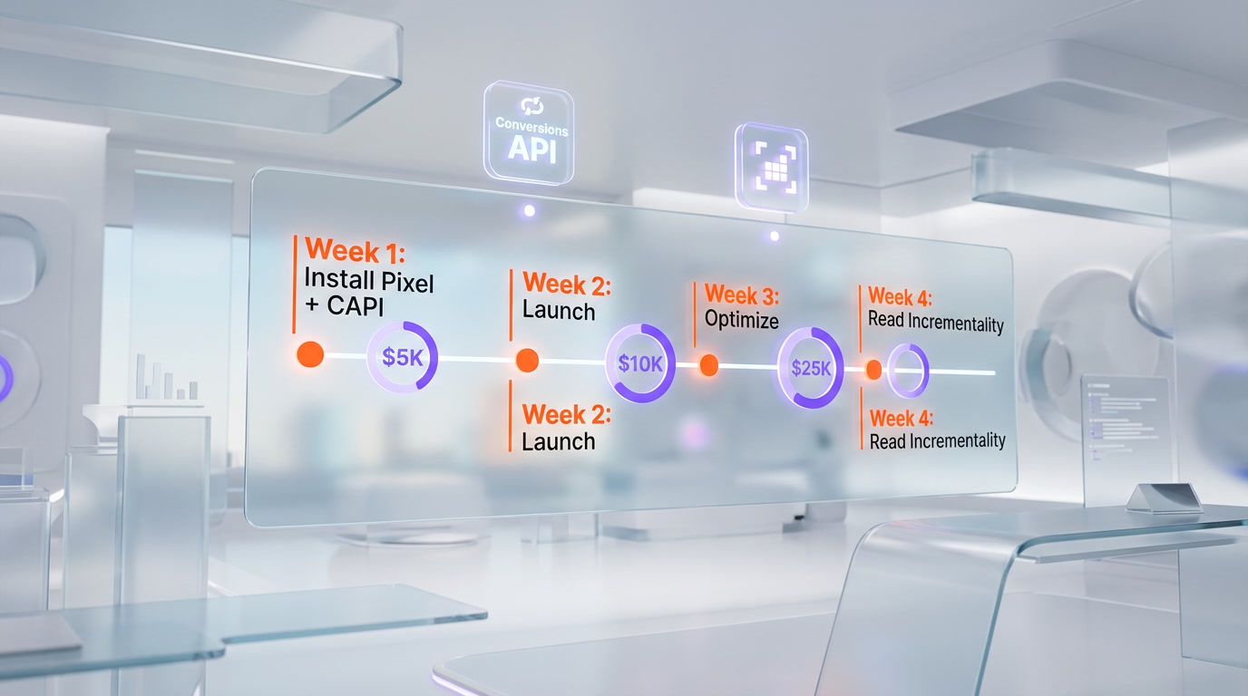 Performance marketing playbook ChatGPT ads test budget allocation Conversions API pixel install glassmorphism 3D