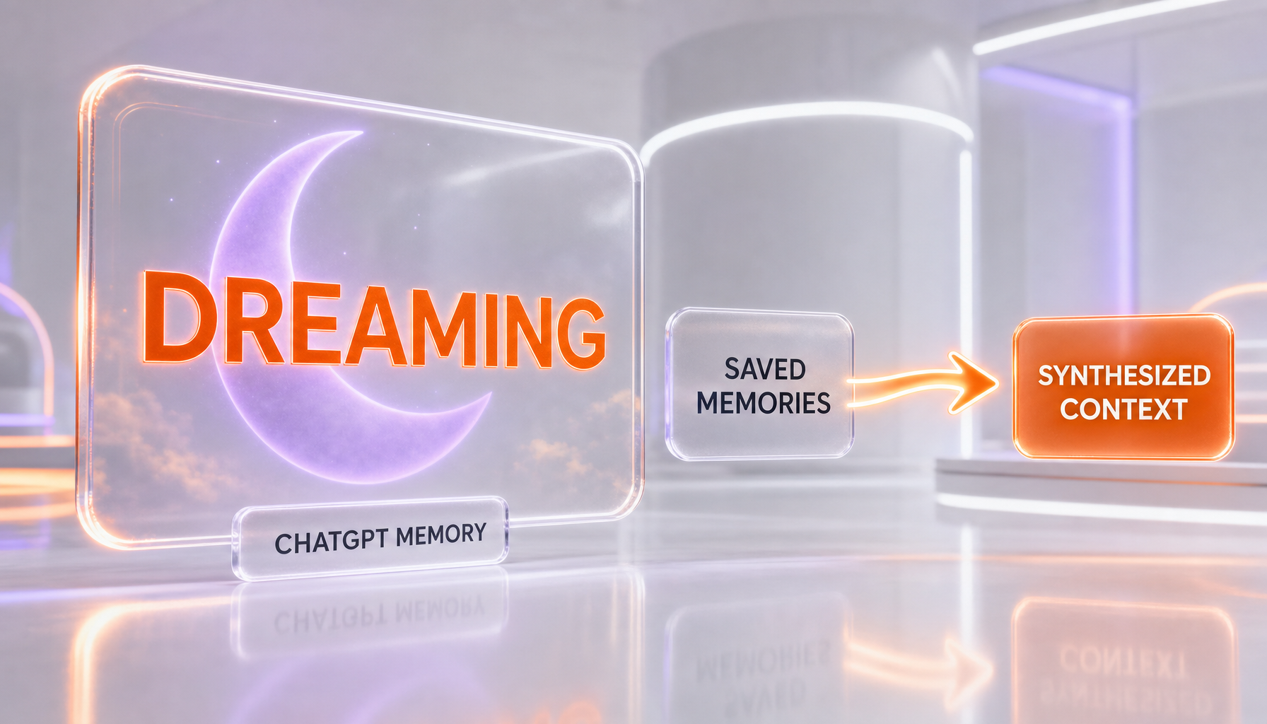OpenAI Dreaming — ChatGPT's memory shifts from a static list of saved memories to a synthesized, background-maintained context, illustrated with bright white glassmorphism panels