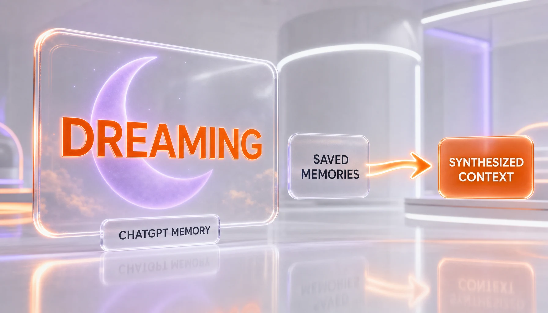 OpenAI Dreaming — ChatGPT's memory shifts from a static list of saved memories to a synthesized, background-maintained context, illustrated with bright white glassmorphism panels