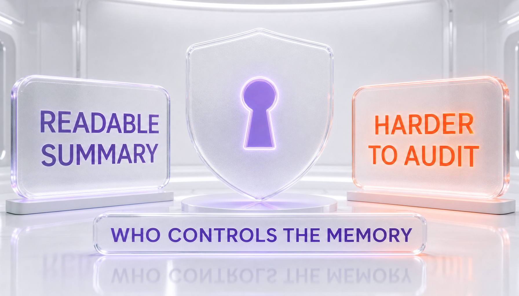 Privacy and control tradeoff — a readable memory summary on one side, a harder-to-audit synthesized memory on the other