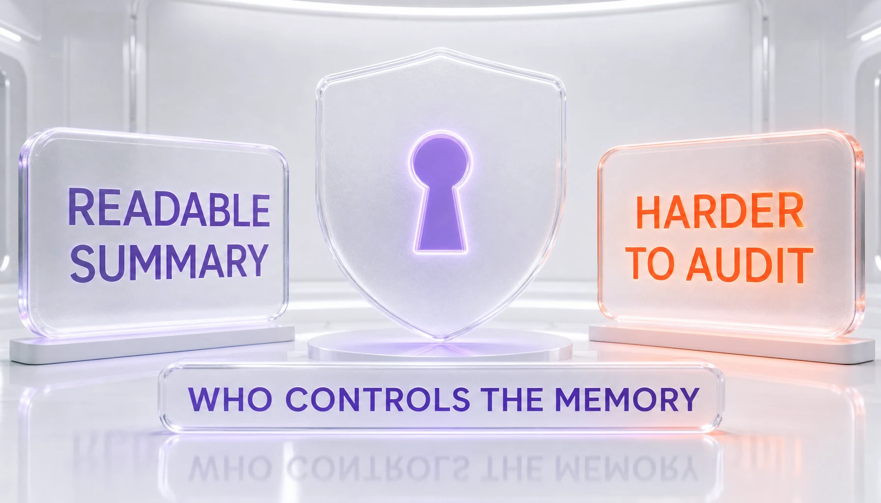 Privacy and control tradeoff — a readable memory summary on one side, a harder-to-audit synthesized memory on the other