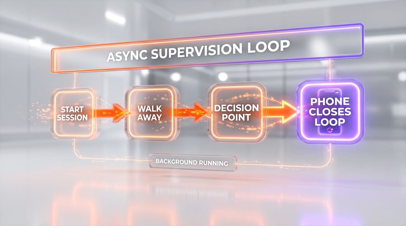 The async agent supervision loop: start session, walk away, decision point, phone closes the loop