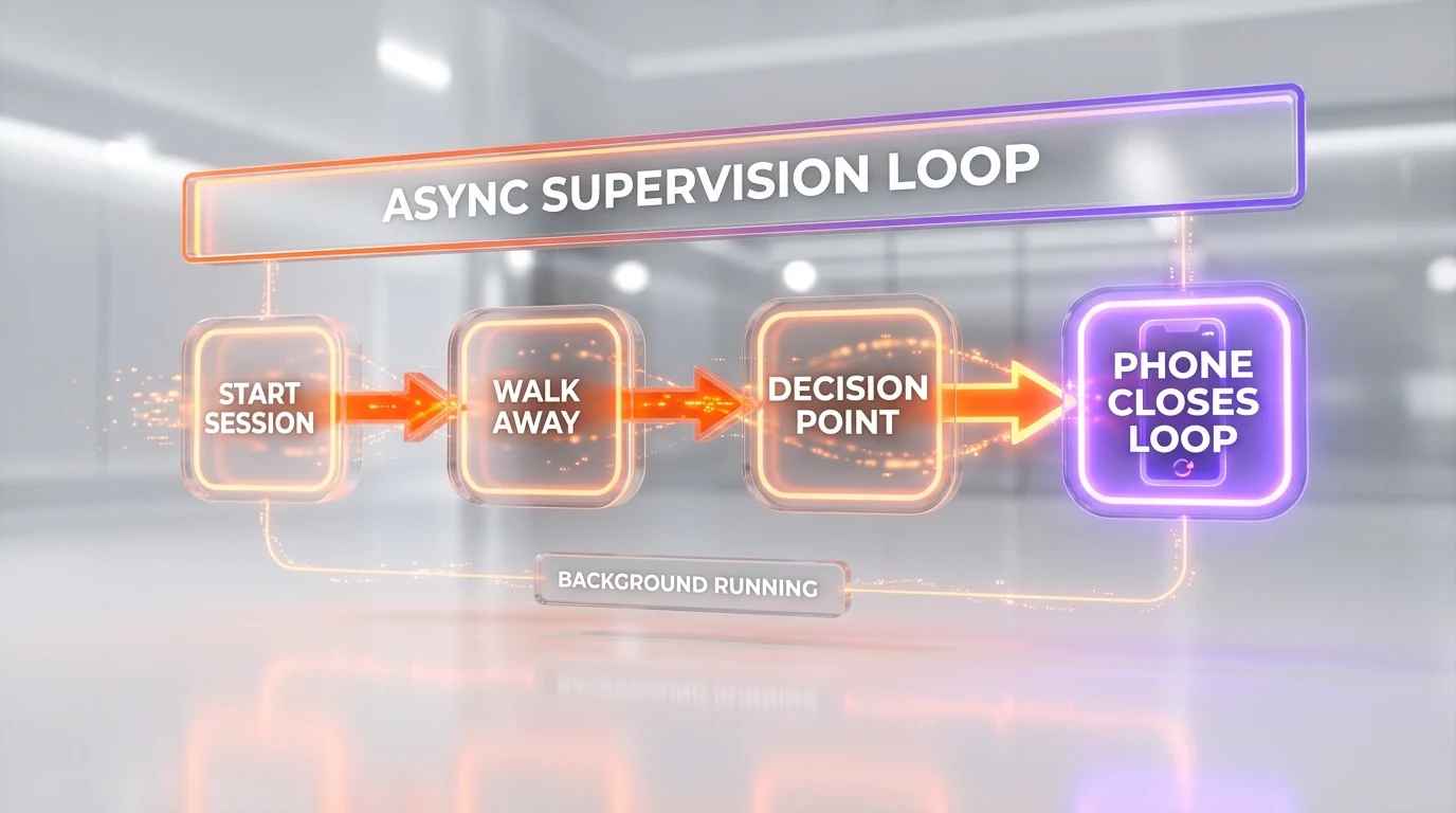 The async agent supervision loop: start session, walk away, decision point, phone closes the loop