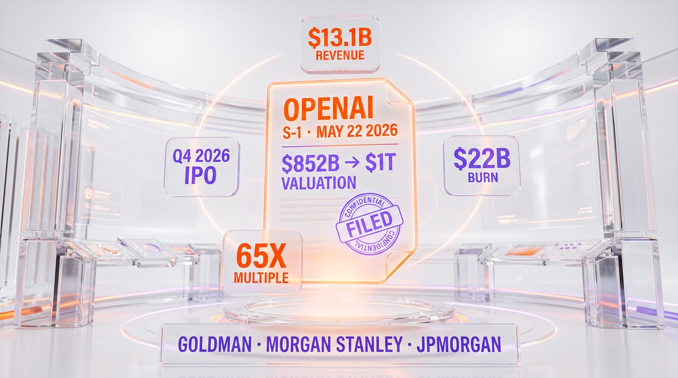 OpenAI S-1 IPO command center — confidential filing May 22 2026, $852B to $1T valuation, $13.1B revenue, $22B burn, 65x multiple, Q4 2026 IPO with Goldman Sachs Morgan Stanley JPMorgan