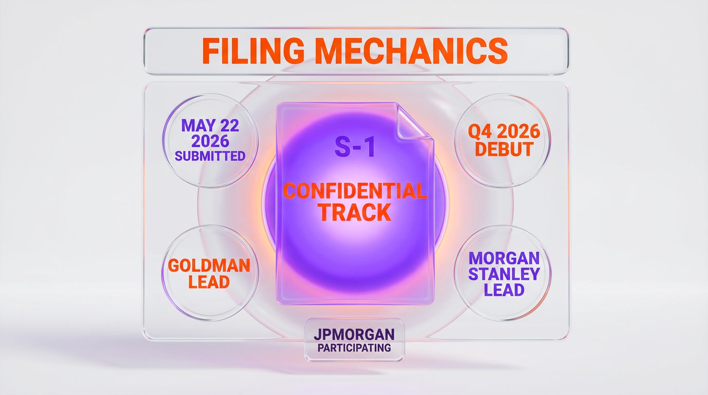Filing mechanics dashboard — May 22 2026 submitted, Q4 2026 debut, Goldman lead, Morgan Stanley lead, JPMorgan participating, confidential track