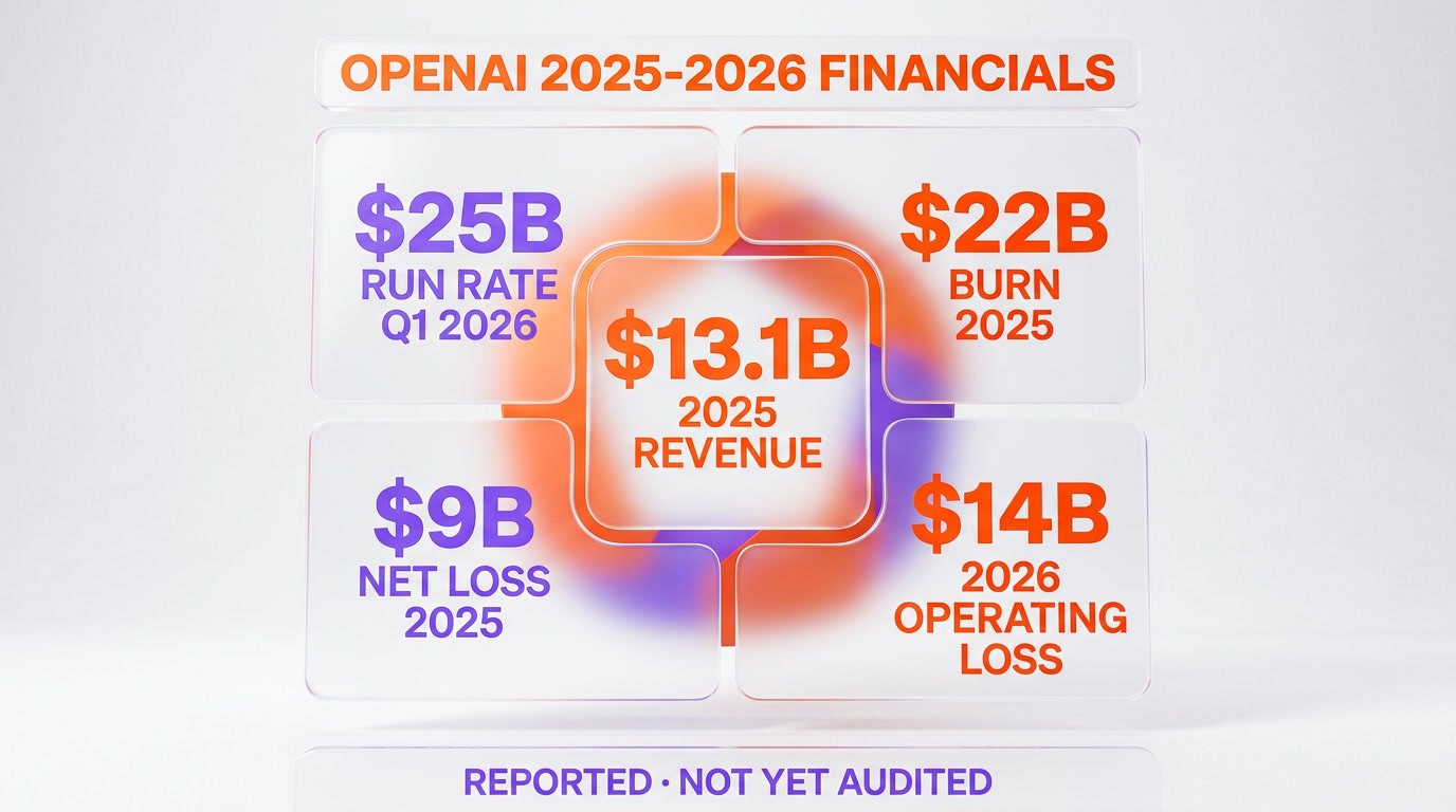 OpenAI 2025-2026 financials scorecard — $13.1B revenue, $25B run rate, $22B burn, $9B net loss, $14B operating loss, reported not yet audited