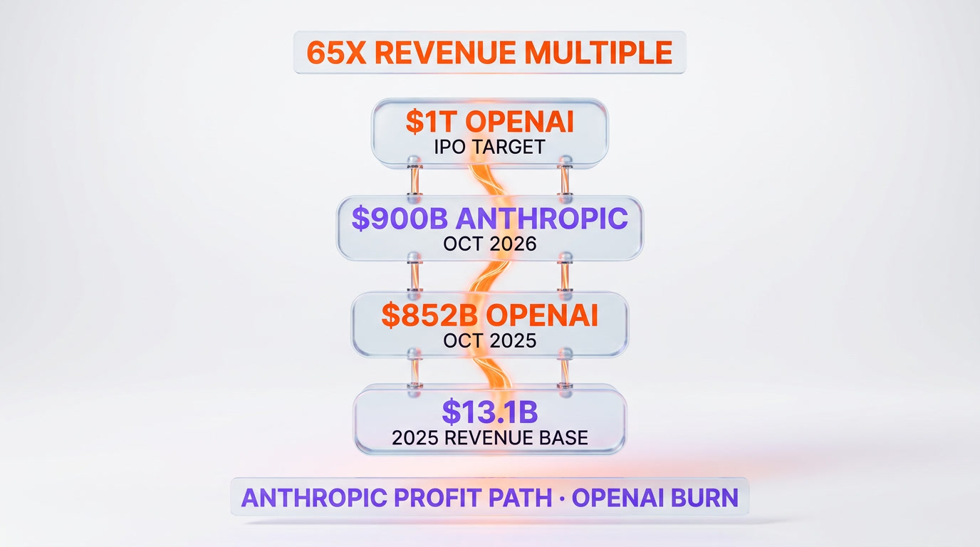 Valuation comparison ladder — $1T OpenAI IPO target, $900B Anthropic October 2026, $852B OpenAI October 2025, $13.1B 2025 revenue base, 65x revenue multiple, Anthropic profit path versus OpenAI burn
