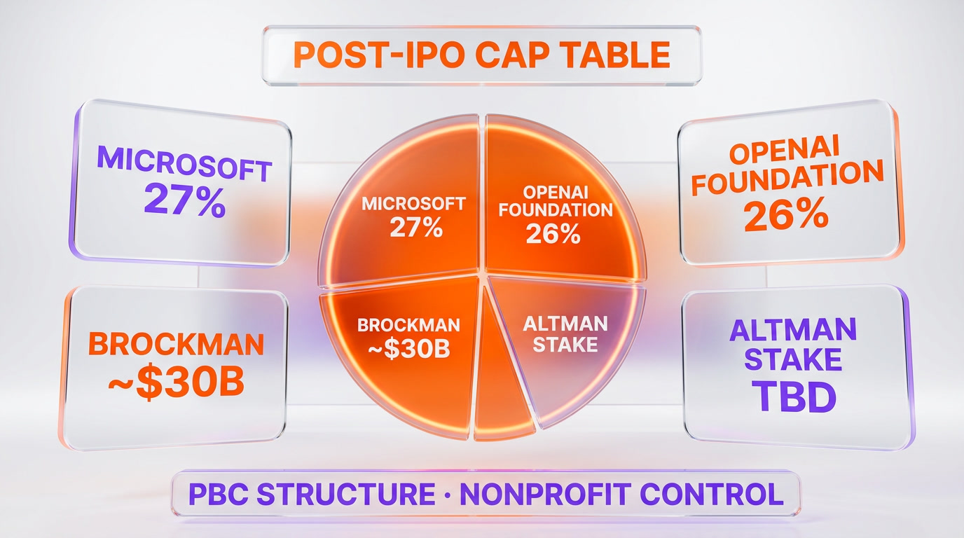 OpenAI post-IPO cap table — Microsoft 27 percent, OpenAI Foundation 26 percent, Brockman approximately $30 billion, Altman stake to be disclosed, PBC structure nonprofit control