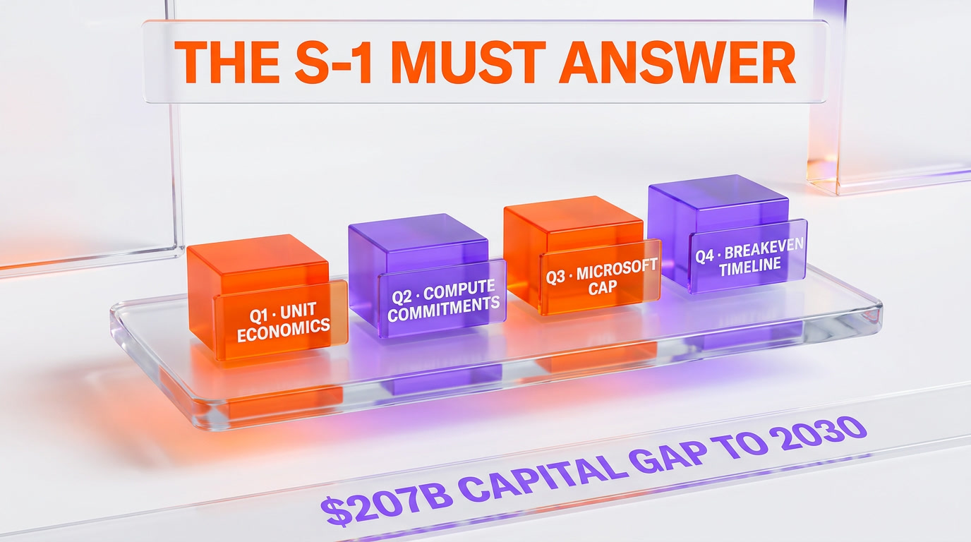 The S-1 must answer four-question stage — Q1 unit economics, Q2 compute commitments, Q3 Microsoft cap, Q4 breakeven timeline, $207B capital gap to 2030