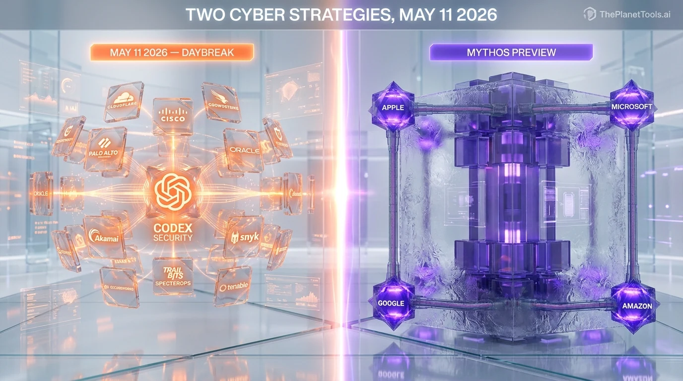 OpenAI Daybreak cybersecurity initiative launched May 11 2026 with 20+ partners versus Anthropic Glasswing and Mythos closed coalition, strategic analysis by ThePlanetTools