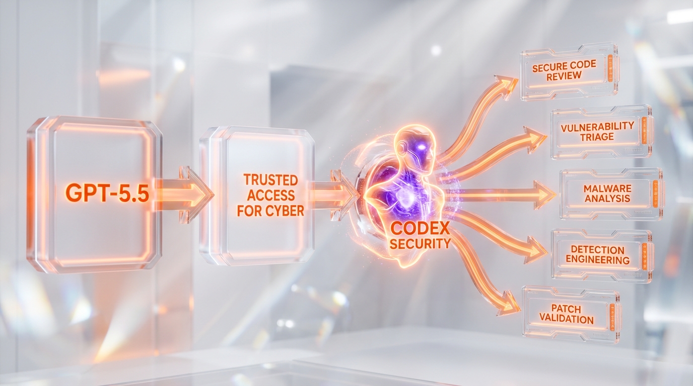 Daybreak architecture flow GPT-5.5 Trusted Access for Cyber Codex Security agent five use cases secure code review vulnerability triage malware analysis detection engineering patch validation