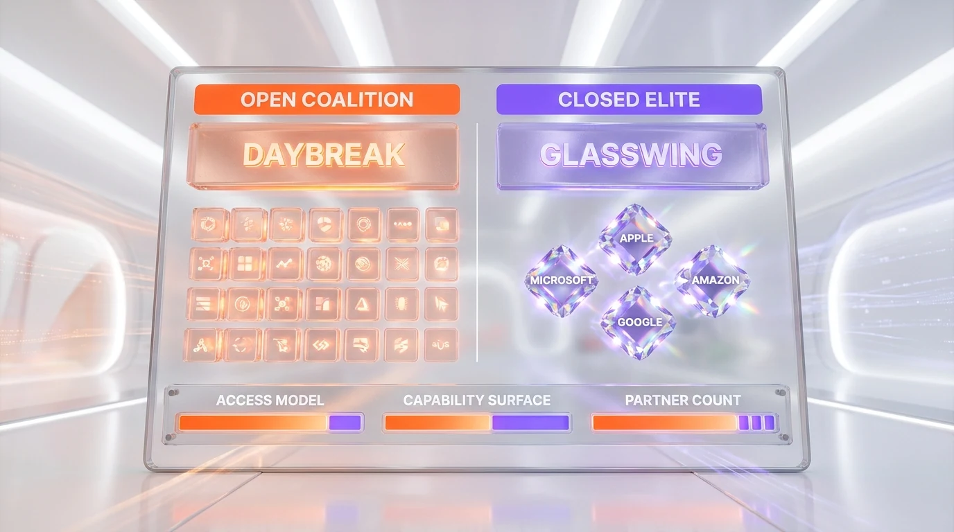 OpenAI Daybreak open coalition 20 plus partners versus Anthropic Glasswing closed coalition Apple Microsoft Google Amazon capability and access matrix comparison May 2026