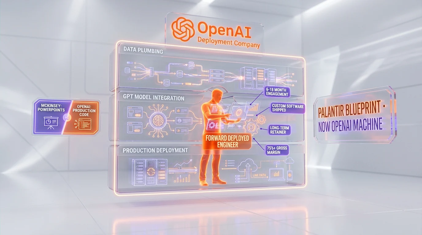 Forward Deployed Engineer model visualization — how ~150 FDEs deploy AI inside enterprise customer environments, the Palantir blueprint applied to OpenAI