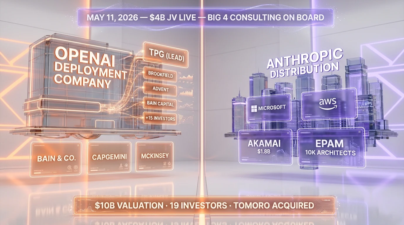 OpenAI Deployment Company $4 billion joint venture launched May 11, 2026 — TPG lead investor, Brookfield, Advent, Bain Capital co-investors, Bain & Company, Capgemini and McKinsey as integration partners, Tomoro acquired