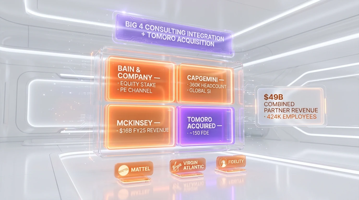 OpenAI Deployment Company Big Four integration matrix — Bain & Company, Capgemini, McKinsey logos plus Tomoro acquisition with ~150 Forward Deployed Engineers
