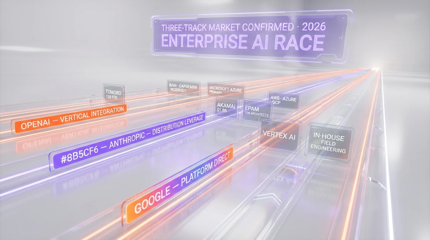 Enterprise AI deployment race map — OpenAI (consulting in-house with Tomoro and Big Four), Anthropic (Microsoft, AWS, Akamai distribution), Google (Vertex AI direct)